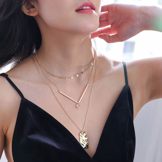 Picture of Multilayer Layered Necklace Gold Plated V-shaped Geometric 38cm(15") long, 1 Piece
