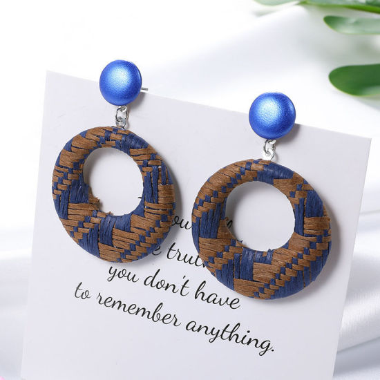 Picture of Raffia Braided Earrings Blue Circle Ring 6cm x 4cm, 1 Pair